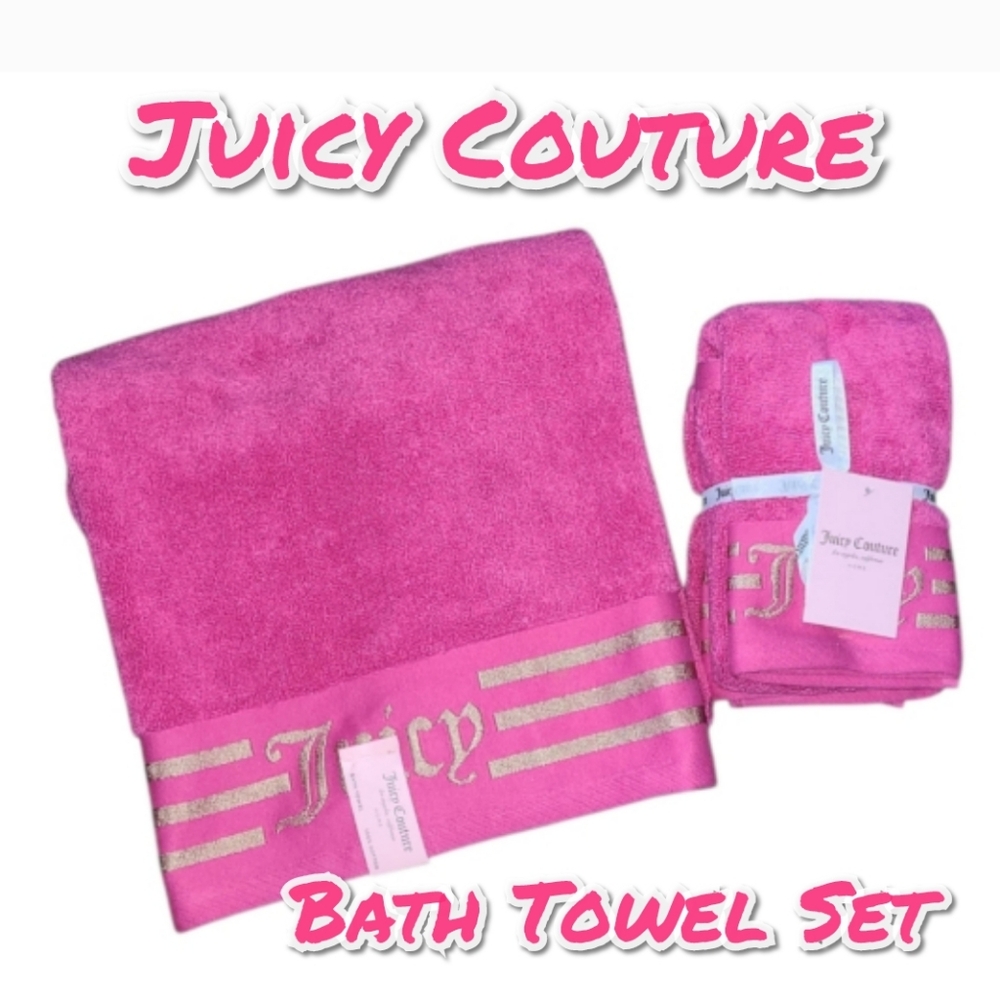 Juicy Couture Vibrant Pink Towel Set with Gold Accents